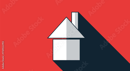 Clean, modern graphic of a white house icon casting a long shadow on a red background.