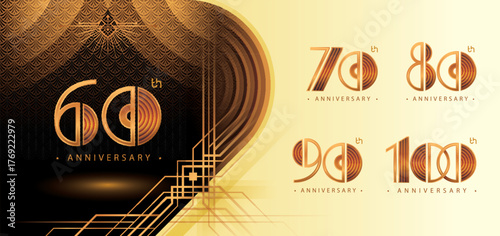 60 to 100 year Anniversary logotype design, Sixty to Hundred year Celebrate Logo, Great Gatsby Anniversary Logo, Gatsby Art Deco Circle Line Number 60,70,80,90,100, Gold Elegant Classic Logo for event