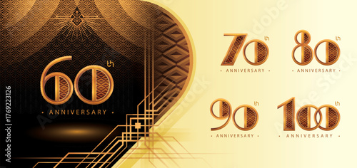 60 to 100 year Anniversary logotype design, Sixty to Hundred year Celebrate Logo Set, Great Gatsby Anniversary Logo, Gatsby Art Deco Rhombus Number 60,70,80,90,100, Gold Elegant Classic Logo for event