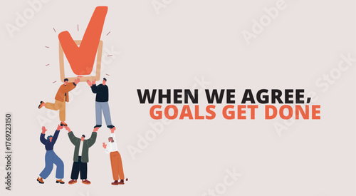 Cartoon vector illustration of people voting with a big check mark, symbolizing participation as having a voice in decision-making