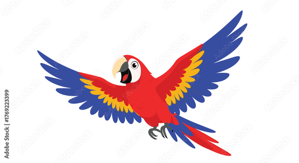 Fototapeta premium A vibrant cartoon scarlet macaw with its wings spread wide, happily soaring through the air against a bright white background.