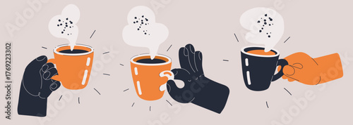 Cartoon vector illustration of hands holding mugs of coffee or tea, symbolizing friendship as sharing cozy moments together