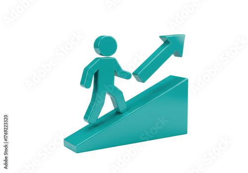 Isolated symbol of success showing a person going up a slope with upward pointing arrow above