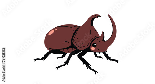 Adorable vector illustration of a brown rhinoceros beetle, featuring large horns, expressive eyes, and rosy cheeks on a white background.