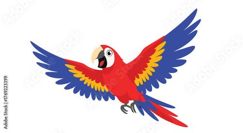 A vibrant cartoon scarlet macaw with its wings spread wide, happily soaring through the air against a bright white background.