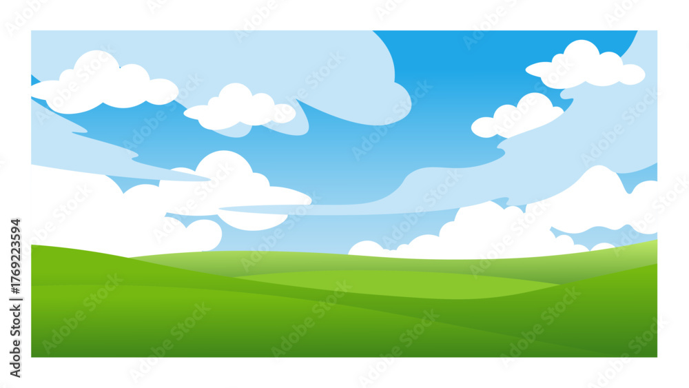 Fototapeta premium Beautiful Green Landscape with Blue Sky and White Clouds Vector Illustration