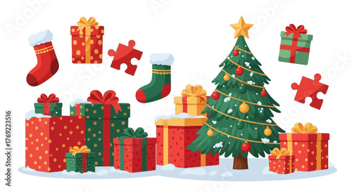 Festive Christmas Tree Decorated with Ornaments and Surrounded by Gifts and Puzzles