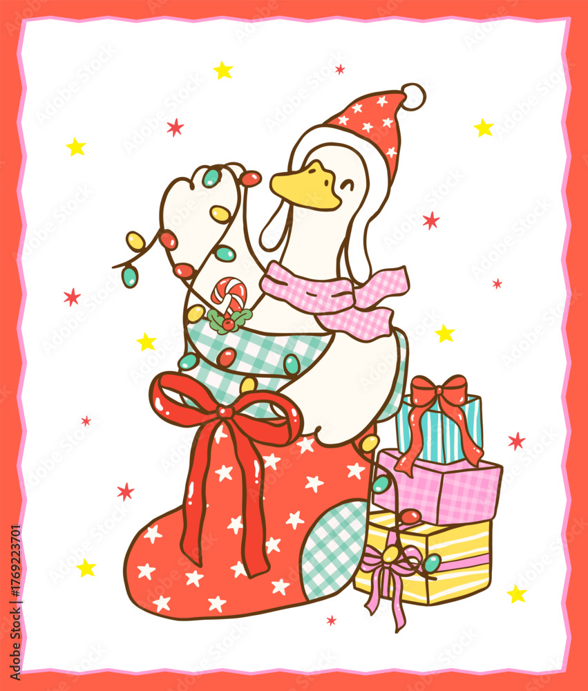 Fototapeta premium Festive Happy Christmas Silly Goose in Stocking Sock Cartoon Hand Drawn Greeting Card Printable