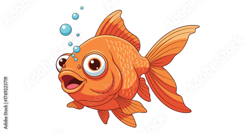 A lively and expressive cartoon goldfish, with big eyes and an open mouth, joyfully blows a stream of blue bubbles upwards.