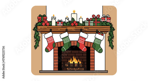 Christmas Fireplace with Stockings, Presents, and Candles on the Mantle for Holiday Cheer