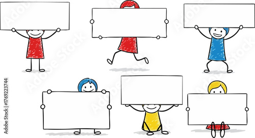 Set of six hand-drawn stick figures holding blank signs, doodle on graph paper.