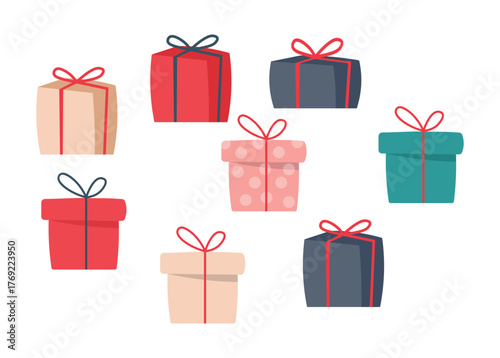 Colorful gift boxes set with ribbons and bows isolated on white background