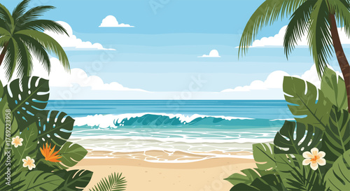 Lush tropical paradise beach with palm trees and exotic plants framing a vibrant blue ocean and white sandy shore under a clear sky.