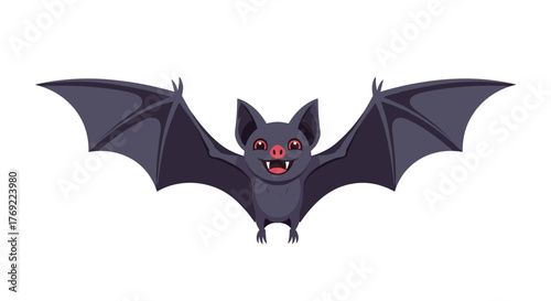 A friendly, cartoon bat with spread wings and a happy, fanged smile is depicted flying on a white background, perfect for Halloween themes.