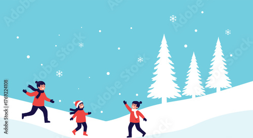 Children are enjoying winter activities, playing in the snow with falling snowflakes and snowy pine trees in the background.