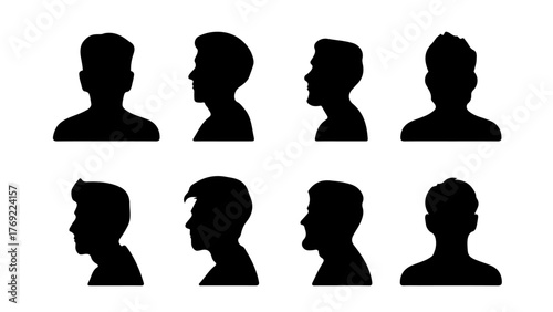 Male head silhouette set side and front view isolated on white background