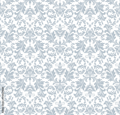 Wallpaper in the style of Baroque. White and gray floral ornament. Seamless vector background. Graphic pattern for fabric, wallpaper, packaging. Ornate Damask flower illustration