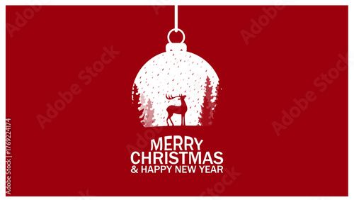 Merry Christmas and Happy New Year greeting card with reindeer inside ornament on red background