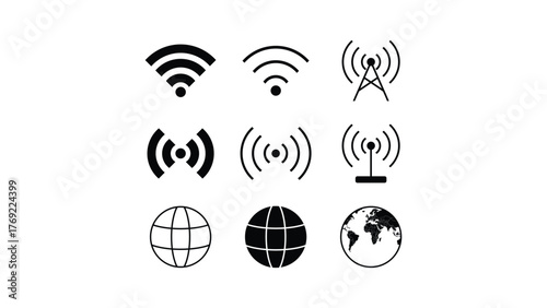 Wireless network and global internet connection icons isolated on white background
