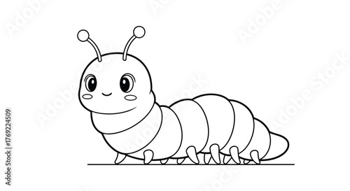 A cheerful and friendly cartoon caterpillar smiles, presented as a clean black and white line drawing ideal for kids' coloring pages.