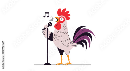 A cheerful cartoon rooster sings into a microphone with music notes, showcasing a lively vocal performance and a joyful character.