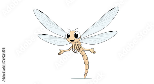 Friendly cartoon dragonfly character with big eyes and four transparent wings, standing upright with a happy smile on a white background.