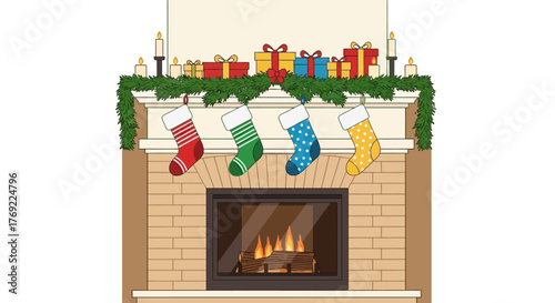 Festive Fireplace Display Christmas Stockings, Gifts, and a Cozy Holiday Scene