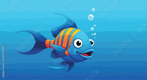 A cheerful blue and orange striped cartoon fish with big eyes swims happily in a vibrant underwater environment, releasing air bubbles.