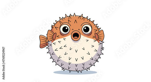 An adorable cartoon pufferfish, fully inflated with its spines out, wears a surprised expression on a clean white background.