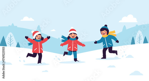 Three happy children enjoy playing in a snowy winter landscape, dressed warmly for outdoor fun and games.
