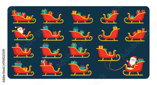 Find Santa Claus in a whimsical holiday pattern of festive sleighs full of gifts. A fun Christmas search game vector illustration