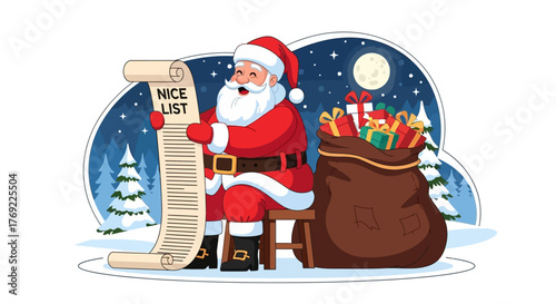 Cheerful Santa Claus in a red suit carefully reviewing the long scroll of the nice list by moonlight, with a sack of gifts ready for Christmas