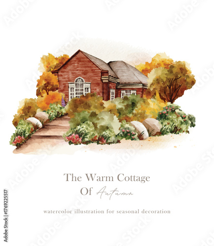 The warm cottage of Autumn watercolor vector design