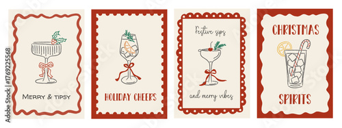 Set of four retro Christmas cocktail cards with doodle-style festive drinks, citrus and candy cane garnish, and playful red borders. Whimsical holiday greeting design. Vector illustration.