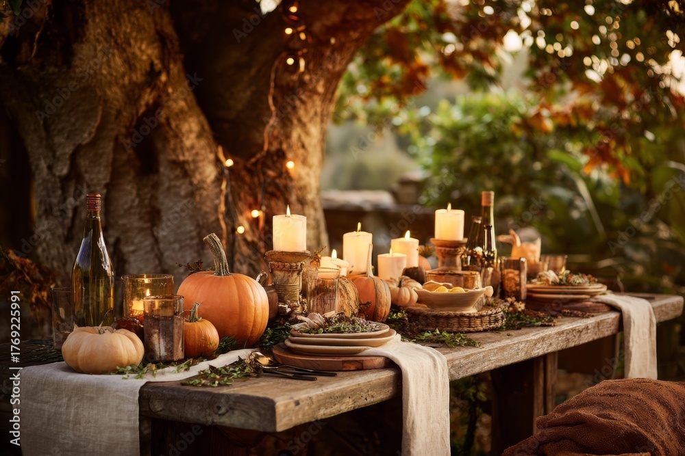 Fototapeta premium Warm autumn outdoor table setting embracing thanksgiving spirit.