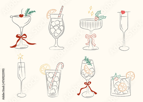 Whimsical Christmas cocktails with festive ribbons, citrus garnishes, and champagne flutes. Cozy hand-drawn drinks for holiday party and winter celebration. Vector illustration.
