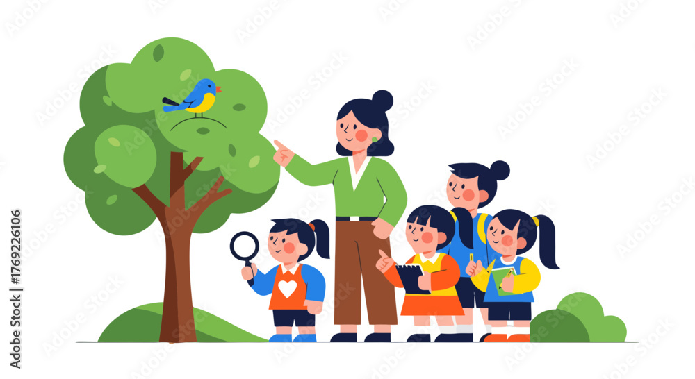 Fototapeta premium Illustration Of A Teacher And Students Studying Nature Observing A Bird On A Tree