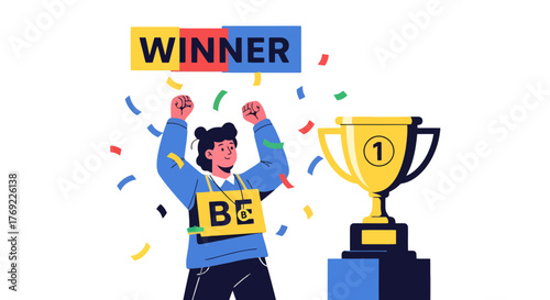 Illustration Of A Winner Celebrating With Trophy And Be Label on Black Background