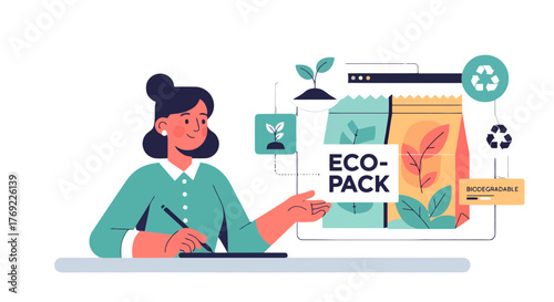 Illustration Of A Woman Presenting Eco-Friendly Packaging And Sustainable Technologies