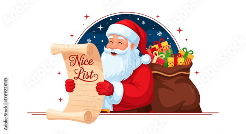 Jolly Santa Claus Reviews His Christmas Nice List with a Sack Full of Festive Presents, Ready for Holiday Delivery