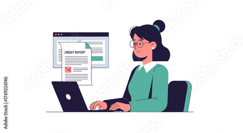 Illustration Of A Woman Reviewing A Credit Report And Utilizing Her Computer Online