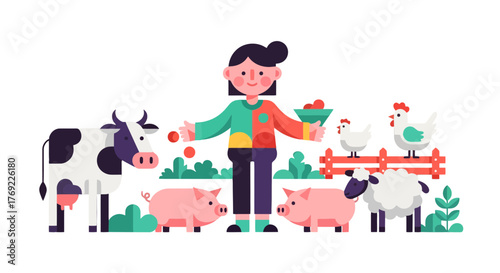 Illustration Of Farm Life With Animals And A Farmer In A Flat Modern Style