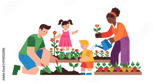 Illustration Of Family Gardening Together Planting Flowers And Vegetables Outside