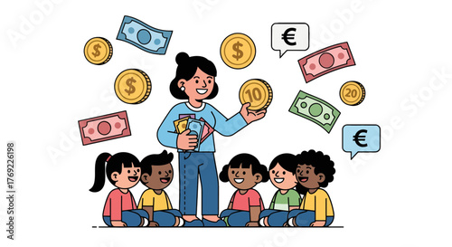 Illustration Of Financial Education Lesson Featuring Children And Money