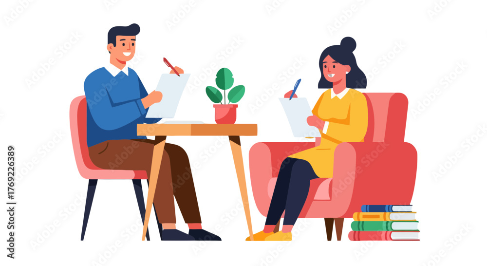 Fototapeta premium Illustration Of Two People Writing And Communicating While Surrounded By Furnishings