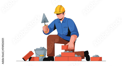 Illustration Of Professional Bricklayer Constructing Wall With Bricks And Cement On Black Background