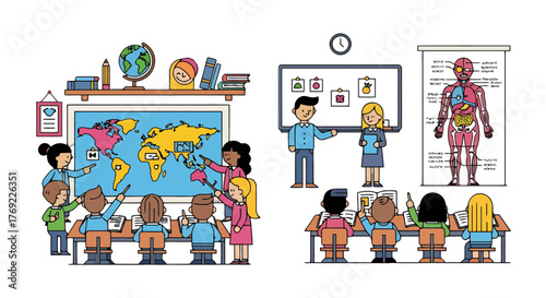 Illustration Of Students in Classrooms During Education Classes About Science