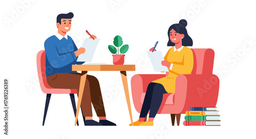 Illustration Of Two People Writing And Communicating While Surrounded By Furnishings