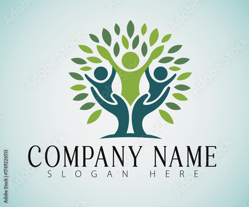 A logo design depicting a stylized tree formed
from interconnected silhouettes of children, symbolizing growth and community.