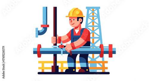 Industrial Laborer Performing Task Near Pylons And Piping Equipment For Commercial Use